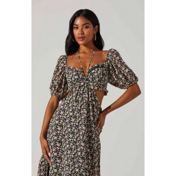 💕ASTR💕 Floral Ruffle Cutout Midi Dress ~ Black Lilac Ditsy Medium M NWT - Picture 2 of 16